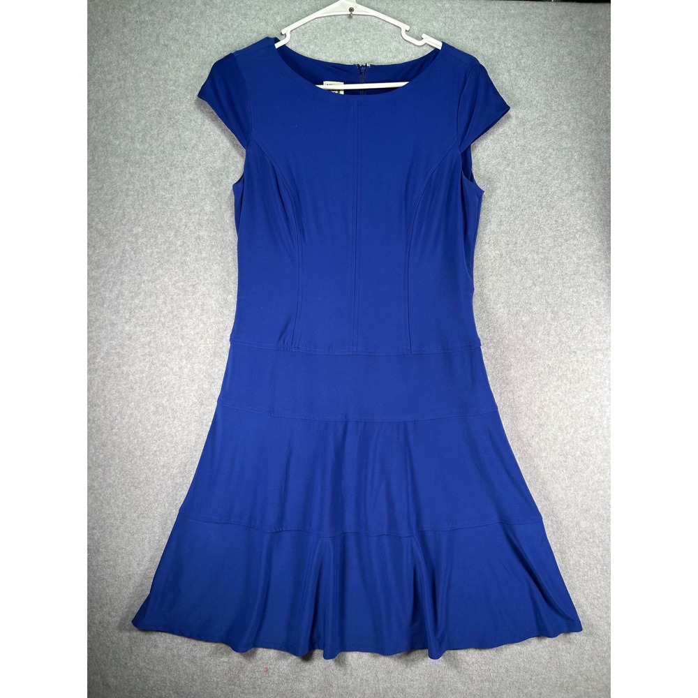 Anne Klein Petites Fit Flare Dress Womens 8P Royal Blue Cap Sleeve Crew Neck